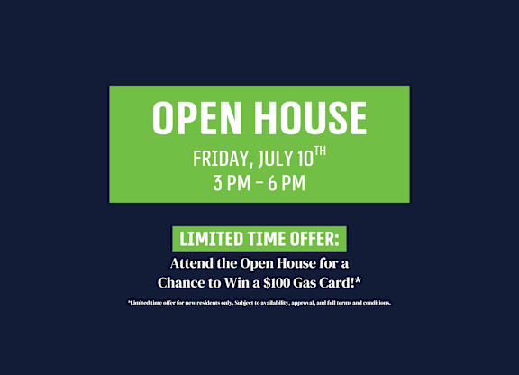 An open house event is advertised for Friday, July 10th from 3 PM to 6 PM.