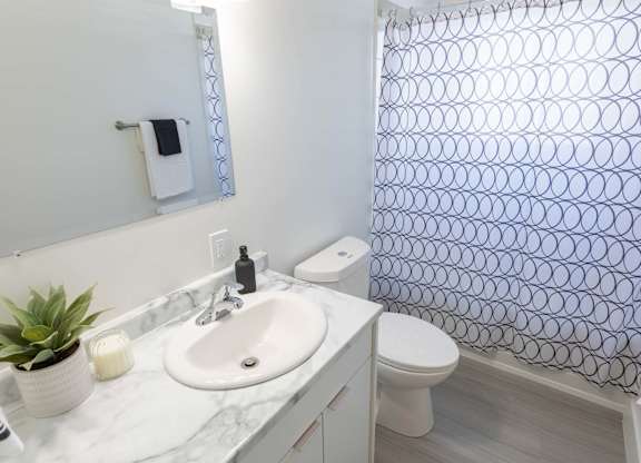 A bathroom with a white sink, toilet, and a shower curtain with a circular pattern.