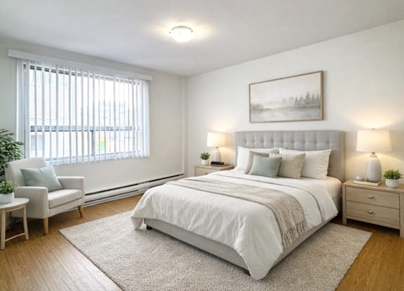 A bedroom with a large bed, a nightstand, a chair, and a painting on the wall.
