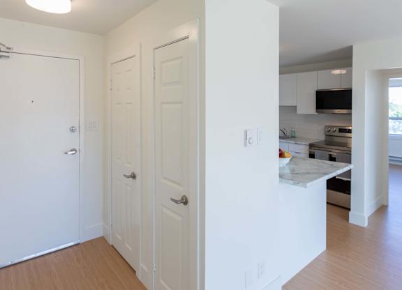 A kitchen area with white cabinets and a countertop.