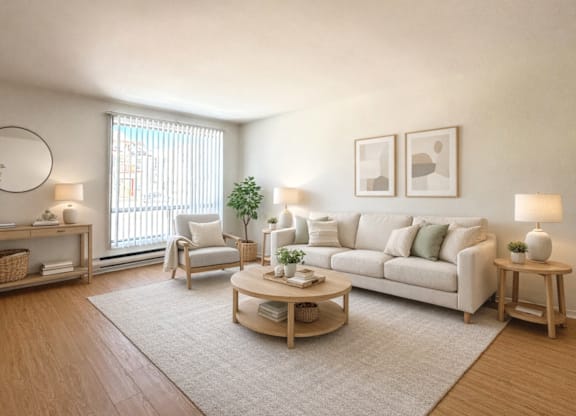 A living room with a white couch, a wooden coffee table, and a window with blinds.