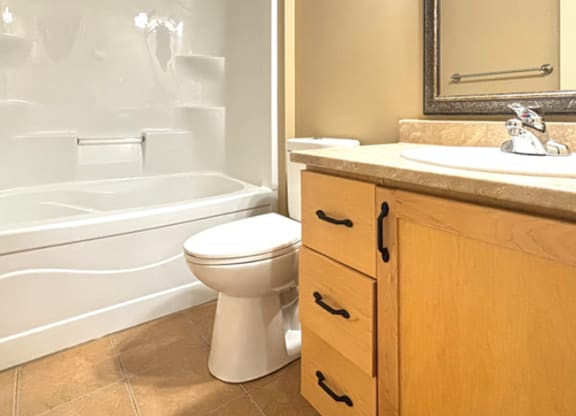A white toilet sits next to a bathtub in a bathroom.