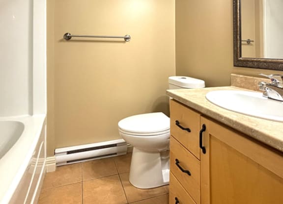 A bathroom with a toilet, sink, and a mirror.