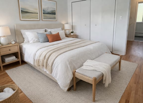 A bedroom with a large bed, a bench, and two pictures on the wall.