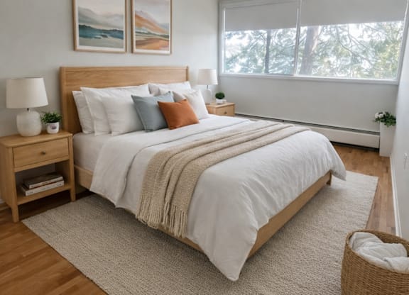 A bedroom with a large bed, a nightstand, and two pictures on the wall.