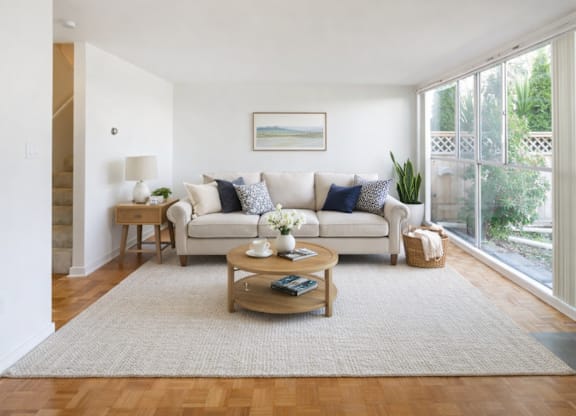 A living room with a white couch and a coffee table.