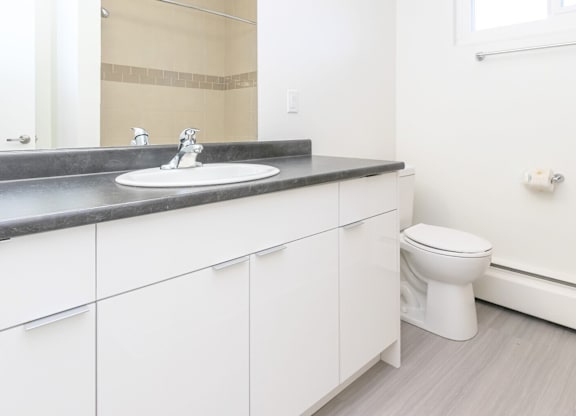 A white bathroom with a black countertop and a white toilet.