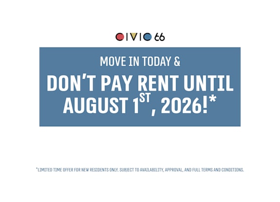 An advertisement for a housing offer that reads "Move in today and don't pay rent until August 1st, 2026!"