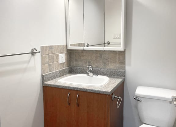 A bathroom with a sink, toilet and medicine cabinet.