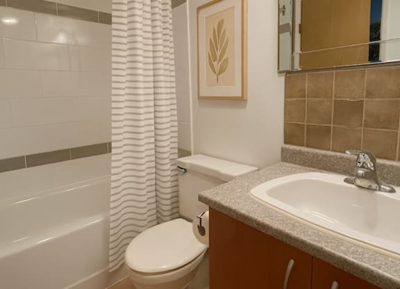 A bathroom with a toilet, sink, and shower curtain.