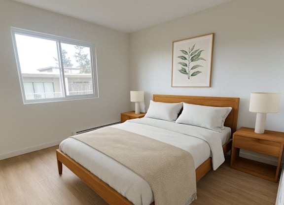 A bedroom with a large bed and a painting on the wall.