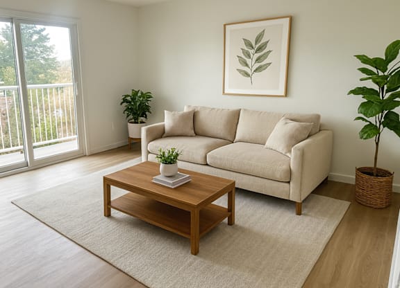 A living room with a couch, coffee table, and potted plant.