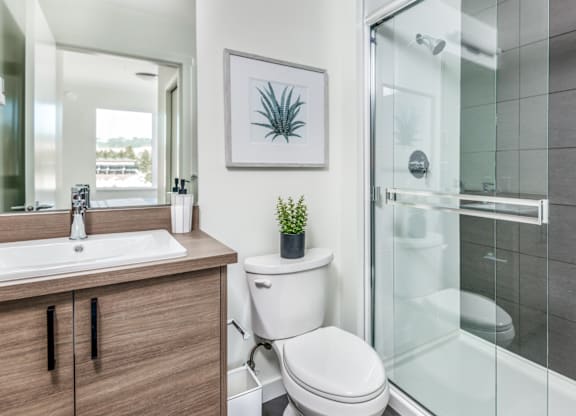 A modern bathroom with a toilet, sink, and glass shower.