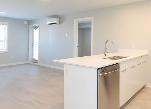 A modern kitchen with white cabinets and a stainless steel dishwasher.