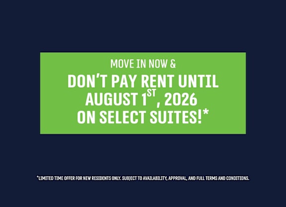 A promotional image offering a rent-free move in for new residents on select suites until August 1st, 2026.