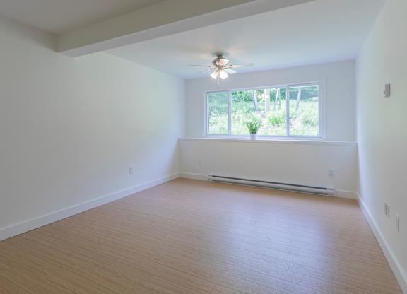 Empty room with a window and a ceiling fan.