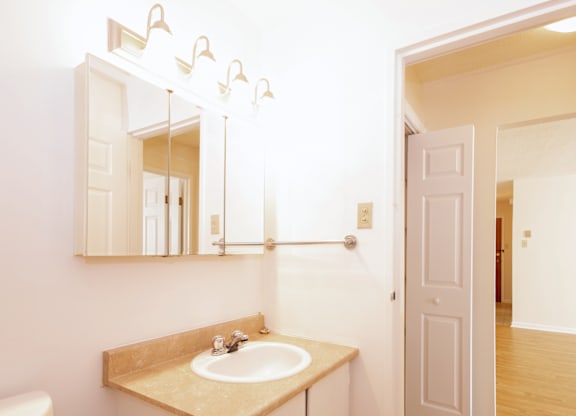 A bathroom with a sink, mirror, and toilet.