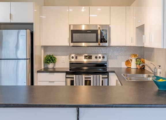 A modern kitchen with a stainless steel sink and black countertop.