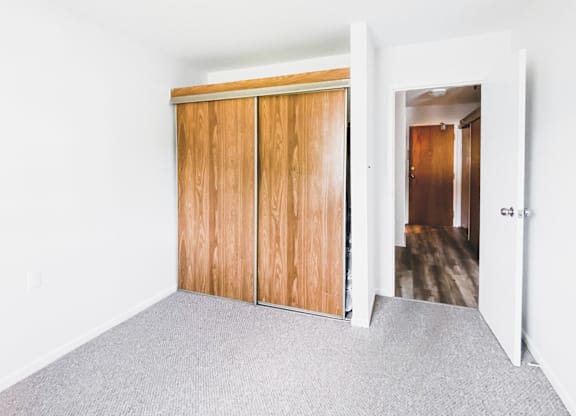 A room with a grey carpet and a wooden wardrobe.