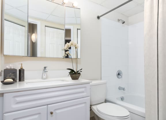 A white bathroom with a toilet, sink, and mirror.