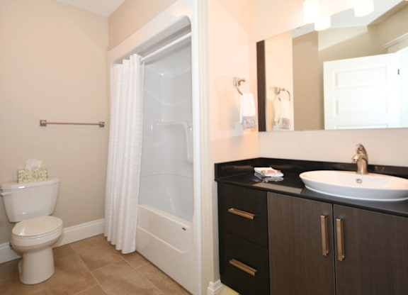 A bathroom with a toilet, sink, and shower.