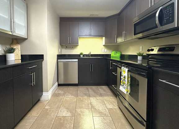 A kitchen with black cabinets and appliances.