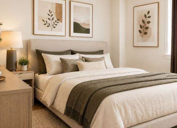 A bedroom with a large bed and a nightstand with a lamp.