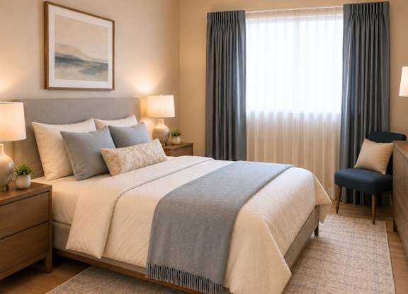 A bedroom with a large bed and a painting on the wall.