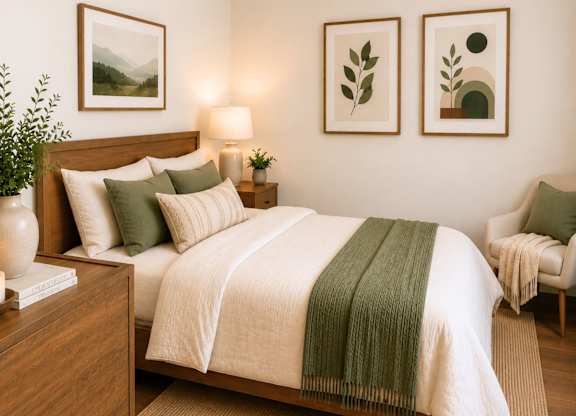 A bedroom with a bed, nightstand, and two wall art pieces.