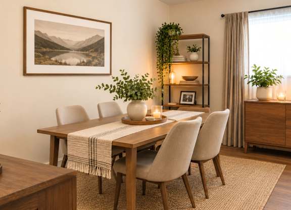 A dining room with a wooden table and chairs.