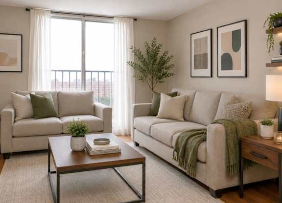 A living room with two couches, a coffee table, and a potted plant.
