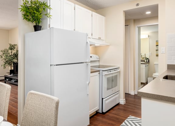 A white refrigerator with a plant on top sits in a kitchen.