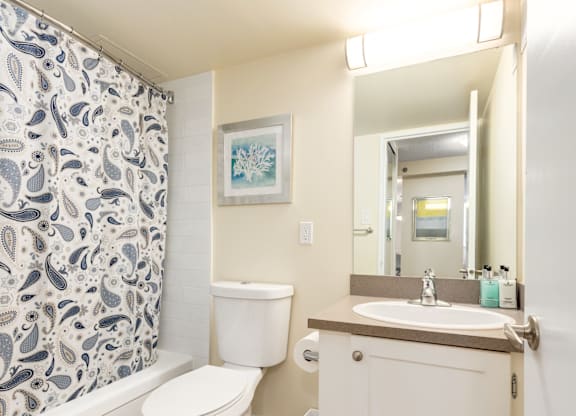 A bathroom with a toilet, sink, and shower curtain.