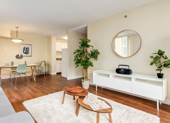 A living room with a white sofa, a wooden coffee table, and a round mirror on the wall.
