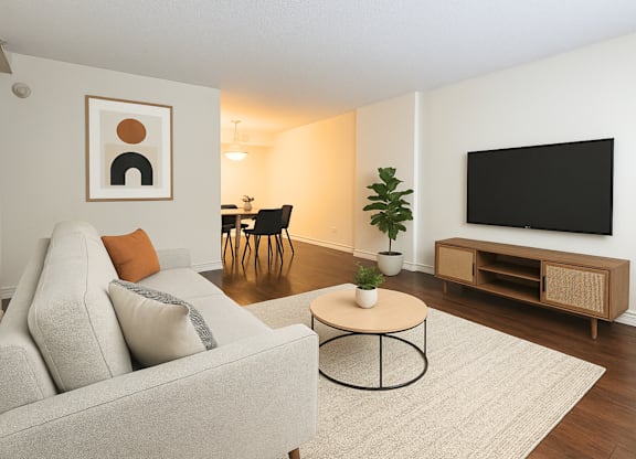 A living room with a grey couch, a coffee table, a TV, and a plant.