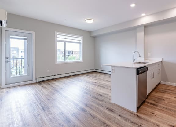A kitchen with a white counter and a dishwasher.