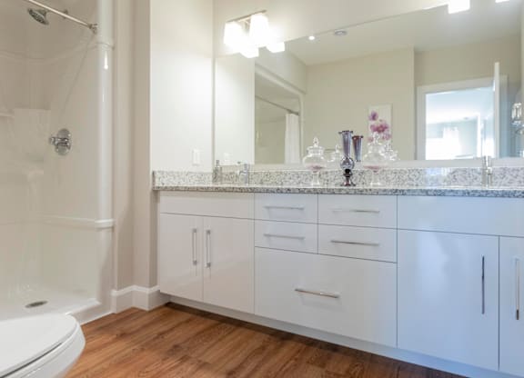 A bathroom with a white toilet, a marble countertop, and a large mirror.