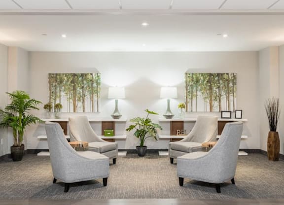 A waiting room with grey chairs and plants.