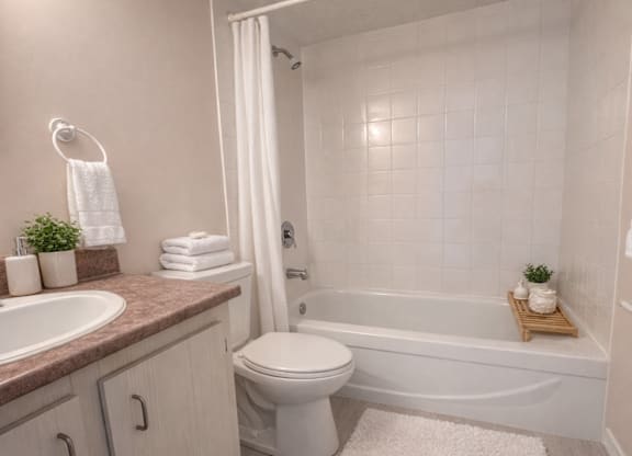 A white toilet sits next to a bathtub in a bathroom.