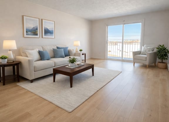 A living room with a white sofa, a coffee table, and a painting on the wall.