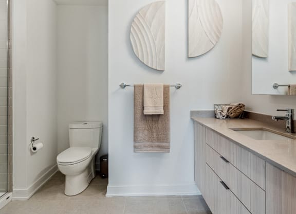 A bathroom with a toilet, a towel rack with a towel, and a mirror above a sink.