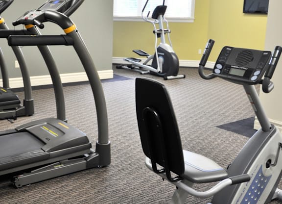 A gym with treadmills, elliptical machines, and exercise bikes.