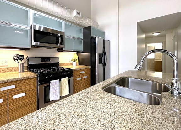 A kitchen with a granite countertop and stainless steel appliances.