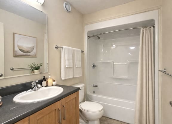 A bathroom with a sink, toilet, and bathtub.