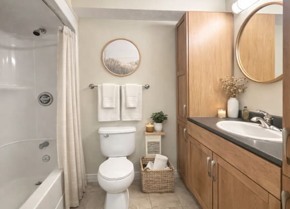 A bathroom with a toilet, sink, and mirror.