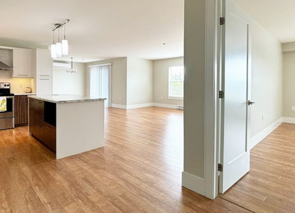 A kitchen with a black counter top and a white door.