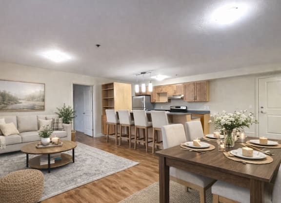 A dining room with a table set for four.