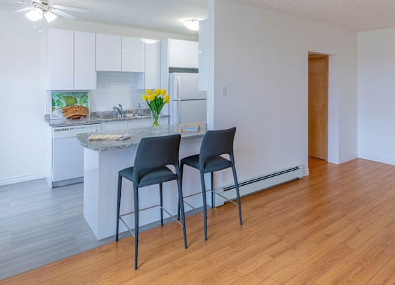 Two chairs are placed in front of a kitchen island.