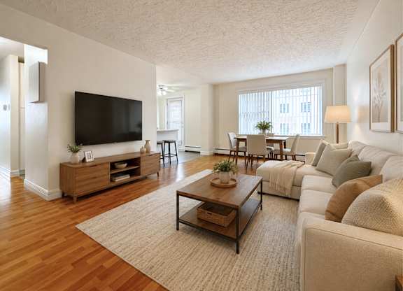 A living room with a white couch, a wooden coffee table, and a flat-screen TV.