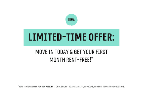 A promotional image for a limited-time offer to get the first month rent-free.
